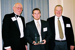 Best Student Article winner, Derrick Land, with Ralph Rohner and Fred Miller 